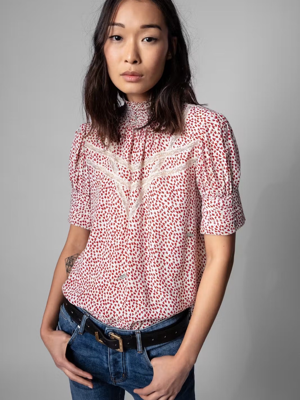 Zadig & Voltaire Red and White Printed Lace-Trim Blouse